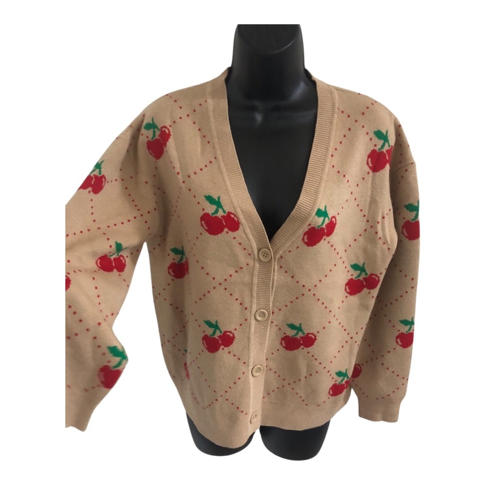 Tan cherry printed v-neck slouchy Mr Rogers grandpa style cardigan size‎ small